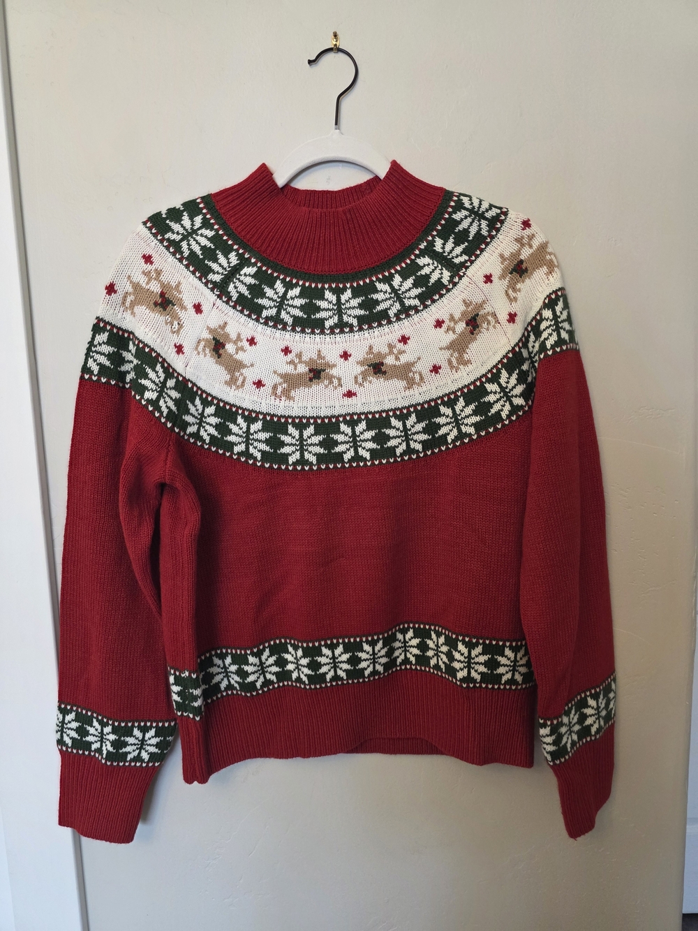 Cozy Red Fair Isle Turtleneck Sweater with Reindeer Motif